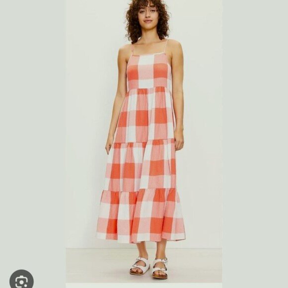 Loft Lou & Grey Dresses & Skirts - Loft Lou & Grey Maxi Dress White Red Gingham Print Tiered Smocked Size M